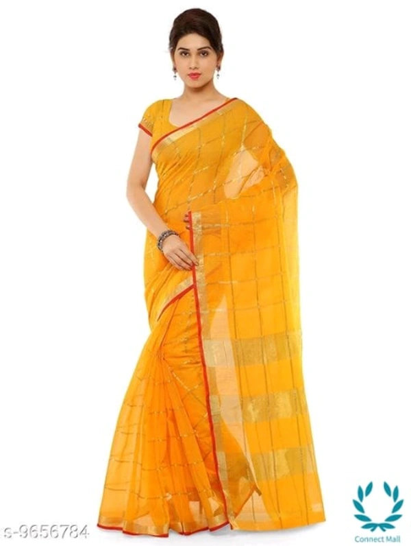 Kota Doria Cotton Zari Stripes Checks saree with Unstitched Blouse piece - Saree Length Size:5.5m Blouse Length Size:0.8, Yellow, Saree And Blouse Fabric:Cotton Blend, Pack of :1